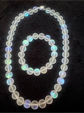 Moonlit Frost Beaded Necklace and Bracelet Set - White Opalescent